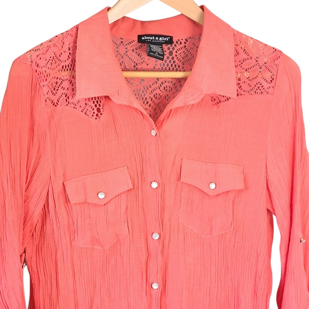 About A Girl Coral Button-Down Shirt with Lace Accents - Picture 2 of 4